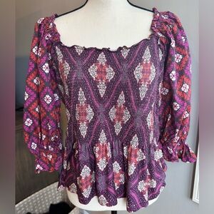 Anthropologie Conditions Apply Balloon Sleeve Smocked Geometric Peasant top
